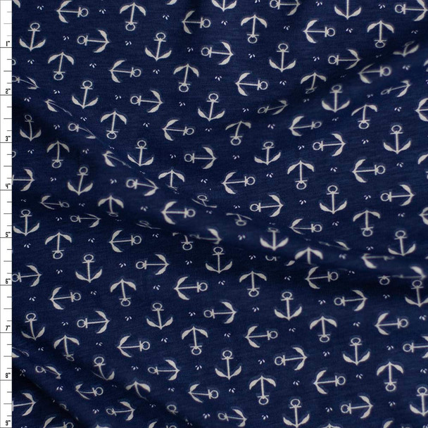 Offwhite Anchors on Navy Stretch Cotton Jersey Fabric By The Yard