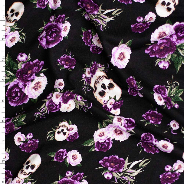 Plum Skull Floral on Black Stretch Rayon Jersey Fabric By The Yard