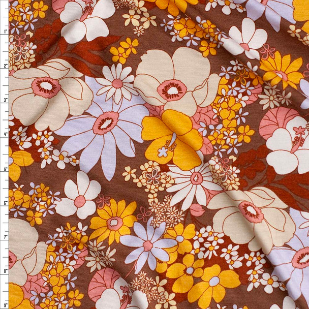 Orange, Lilac, and Tan Retro Floral on Brown Stretch Modal Jersey Fabric By The Yard