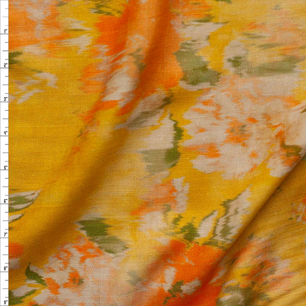 Orange and Olive Blur Ikat Floral on Mustard Rayon/Linen Fabric By The Yard