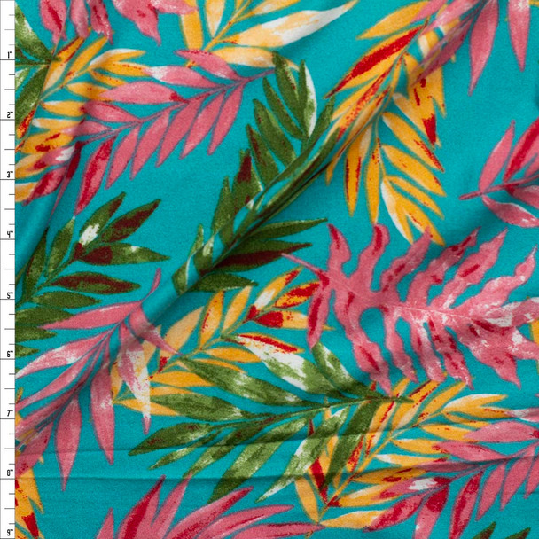 Pink, Green, and Yellow Fronds on Bright Teal Double Brushed Poly/Spandex Fabric By The Yard