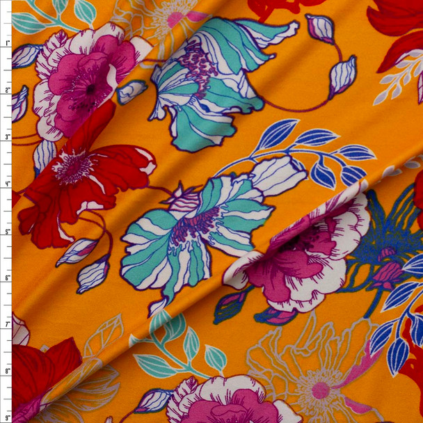 Red, Pink, and Teal Floral on Goldenrod Double Brushed Poly/Spandex Fabric By The Yard
