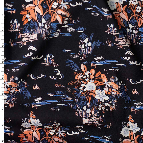 Lily Pond Black Rayon Challis Fabric By The Yard