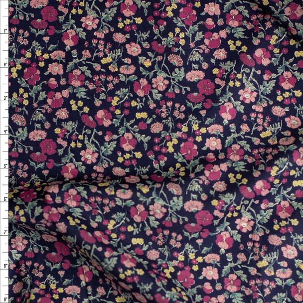 Green, Pink, and Fuchsia Floral on Navy Cotton Lawn Fabric By The Yard