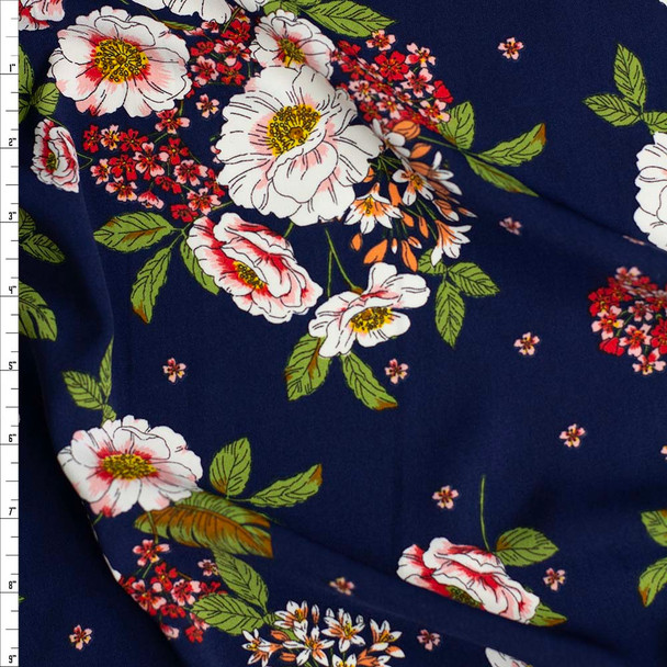 Pink and Red Floral on Navy Polyester Challis Fabric By The Yard