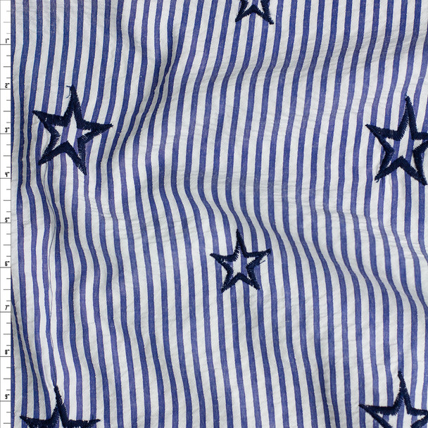 Black Embroidered Stars on Blue and White Stripe Seersucker Fabric By The Yard