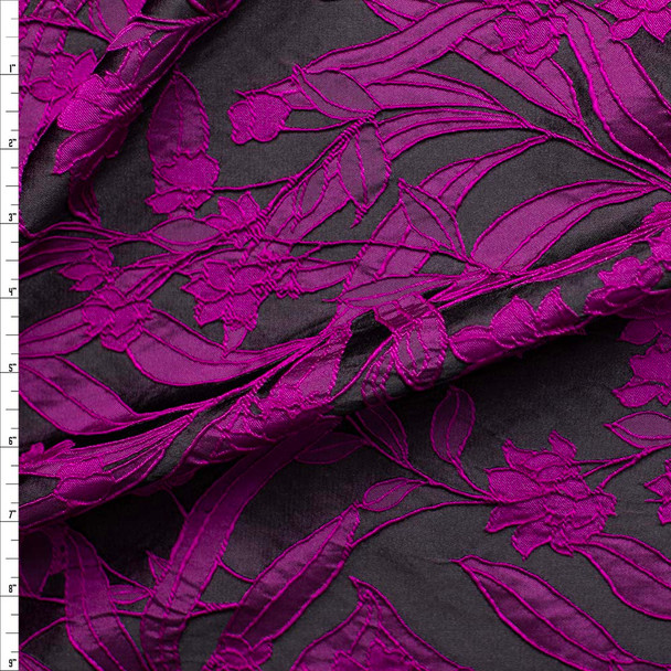 Magenta and Black Textured Rose Floral Designer Brocade Fabric By The Yard