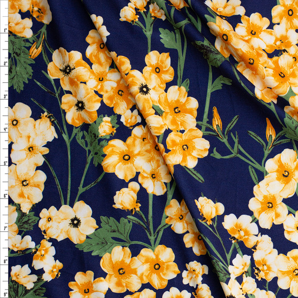 Yellow Floral on Navy Blue Double Brushed Poly Fabric By The Yard