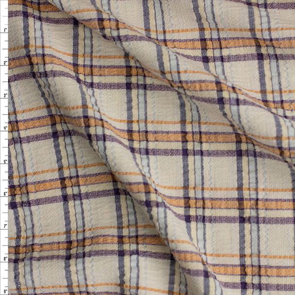 Navy, Plum, Orange, and Ivory Plaid Midweight Cotton Crinkle Fabric By The Yard