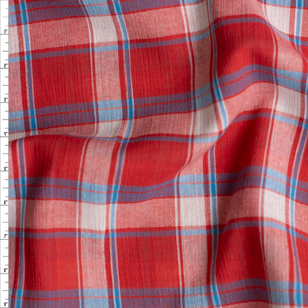 Red, Slate, and White Plaid Cotton Gauze Fabric By The Yard