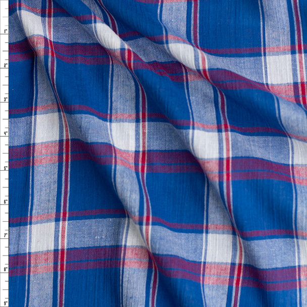 Blue, White, and Red Plaid Cotton Gauze Fabric By The Yard
