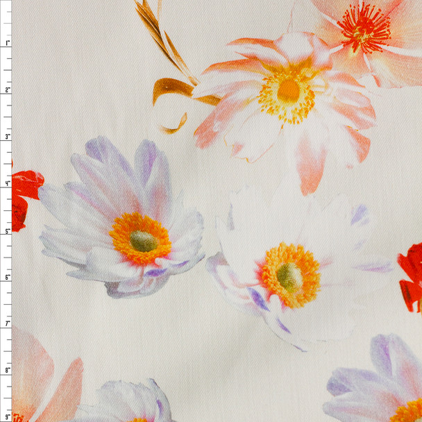 Orange and White Flowers on Offwhite Stretch Cotton Twill Fabric By The Yard