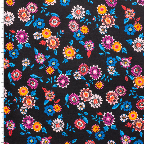 Turquoise, Purple, and Orange Vintage Floral on Black London Calling Cotton Lawn from Robert Kaufman #26927 Fabric By The Yard