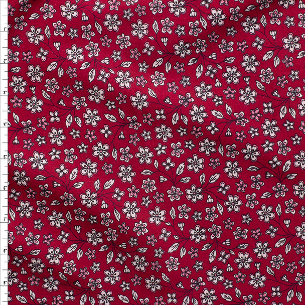 Pink and White Mini Floral on Burgundy London Calling Cotton Lawn from Robert Kaufman Fabric By The Yard