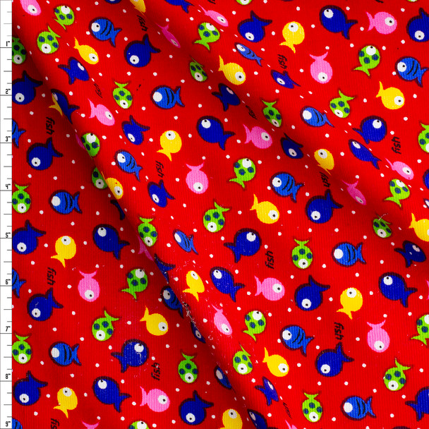 Blue, Green, Pink, and Yellow Fishes on Red Baby Wale Corduroy #26999 Fabric By The Yard