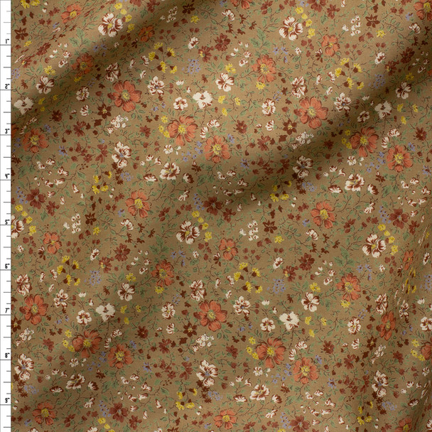 Rust, Yellow, And Sage Mini Floral On Tan Cotton Lawn Fabric By The Yard