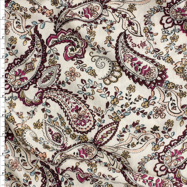 Wine And Tan Floral Paisley On Ivory Rayon Gauze Fabric By The Yard