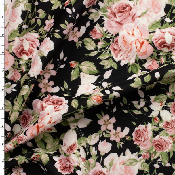Pink Rose Floral On Black Scuba Knit Fabric By The Yard