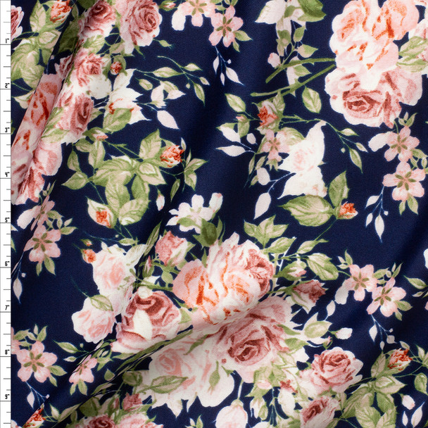 Pink Rose Floral On Navy Scuba Knit Fabric By The Yard