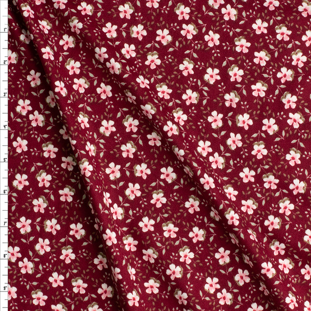 Pink Blossoms On Burgundy Double Brushed Poly Fabric By The Yard