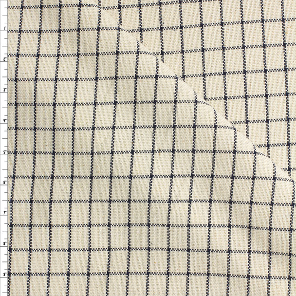 Navy On Ivory Windowpane Check Cotton Duck Fabric By The Yard