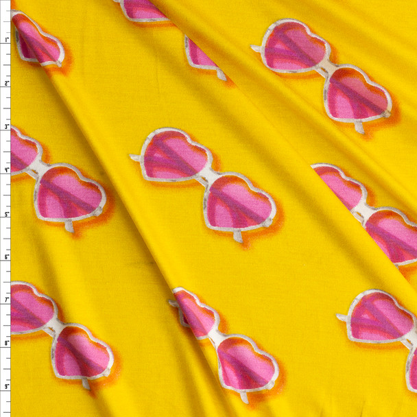 Heart Shaped Glasses On Sunshine Yellow Designer Rayon Jersey Knit #27469 Fabric By The Yard