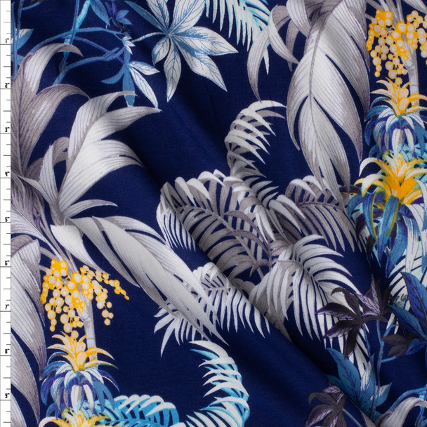 Greyscale Tropical Floral On Navy Designer Cotton/Spandex Jersey #27474 Fabric By The Yard