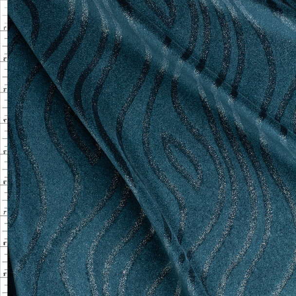 Silver Shimmer Teal On Teal Waves Designer Stretch Velvet Fabric By The Yard