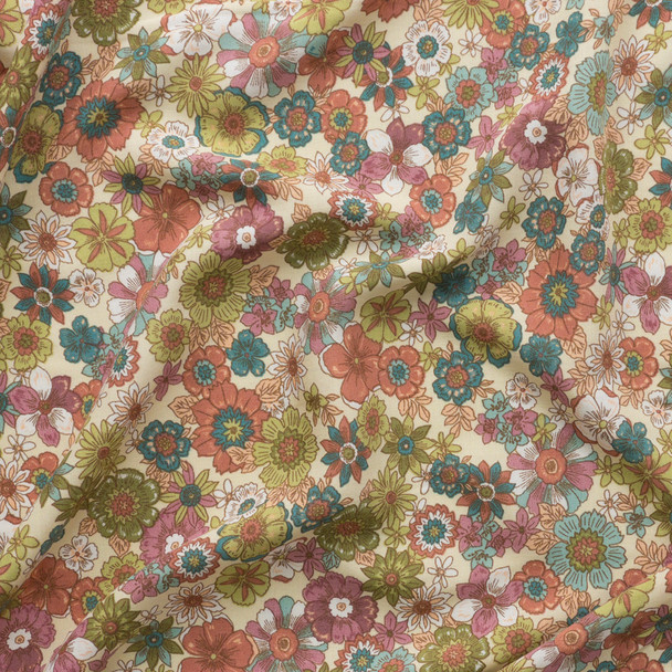 Multi Retro Floral On Tan Rayon Challis Fabric By The Yard