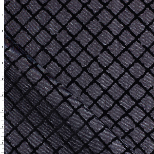 Black Flocked Ornamental Diamond On Indigo Stretch Denim Fabric By The Yard