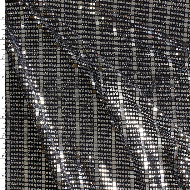 Silver Dots And Squares Sequins On Silver Black Sparkling Stretch Knit Fabric By The Yard