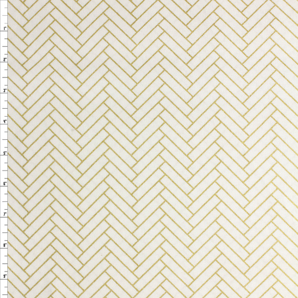 Gold Lines White Cotton Novelty Print #27732 Fabric By The Yard