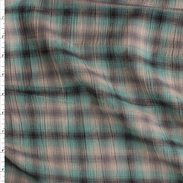 Green, Tan, And Black Plaid Designer Cotton Gauze Fabric By The Yard