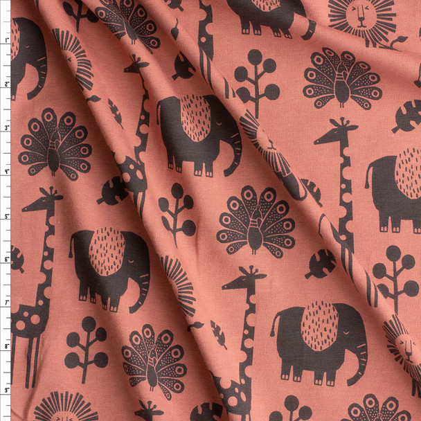 Black On Terracotta Zoo Silhouettes Stretch Cotton Jersey Fabric By The Yard