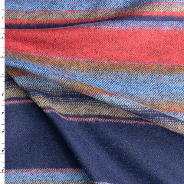 Navy, Mustard, Light Blue, Brown And Red Horizontal Stripe Designer Twill Weave Flannel Fabric By The Yard