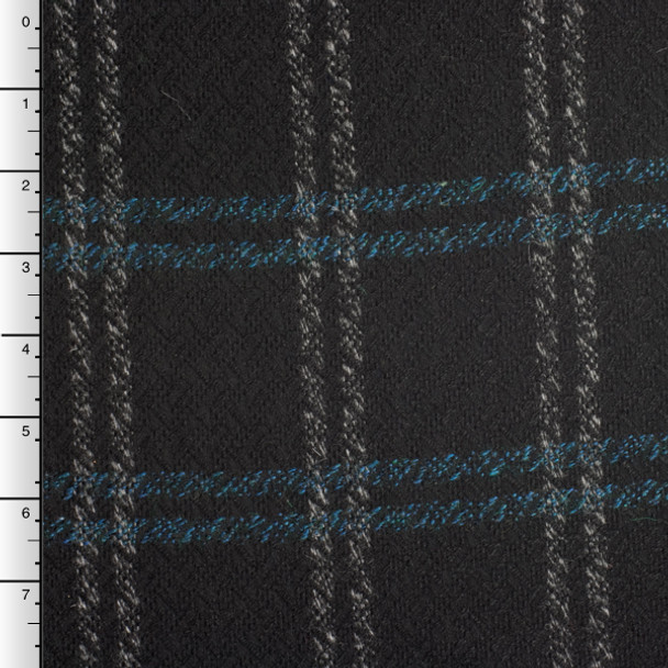 Teal and Grey Plaid Black Wool Blend Coating