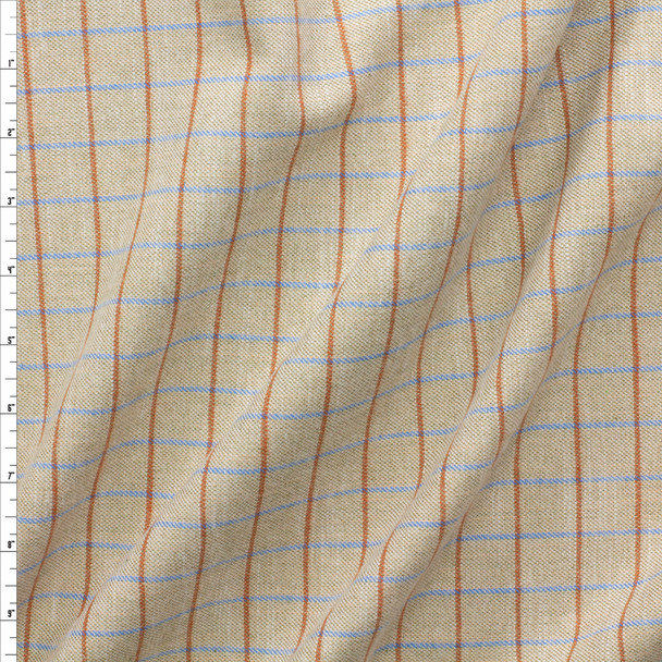 Rust and Light Blue Plaid on Oatmeal NYC Designer Soft Cotton Flannel #29125 Fabric By The Yard
