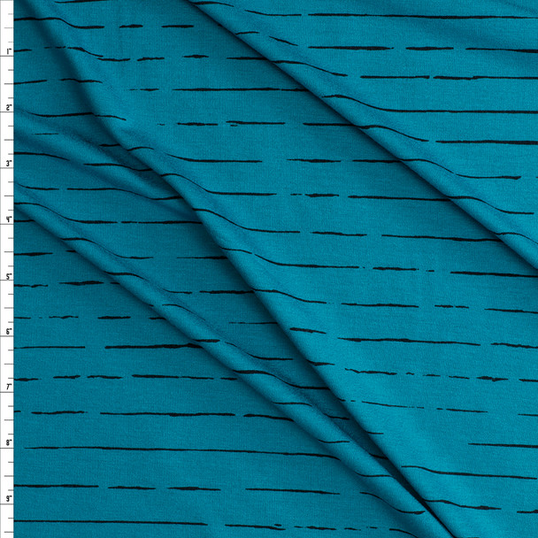 Black on Teal Horizontal Grunge Stripe NYC Designer Rayon/Spandex Jersey Knit #29516 Fabric By The Yard