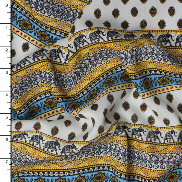 Yellow, Ivory, and Brown Patterned Elephant Stripe Rayon Challis