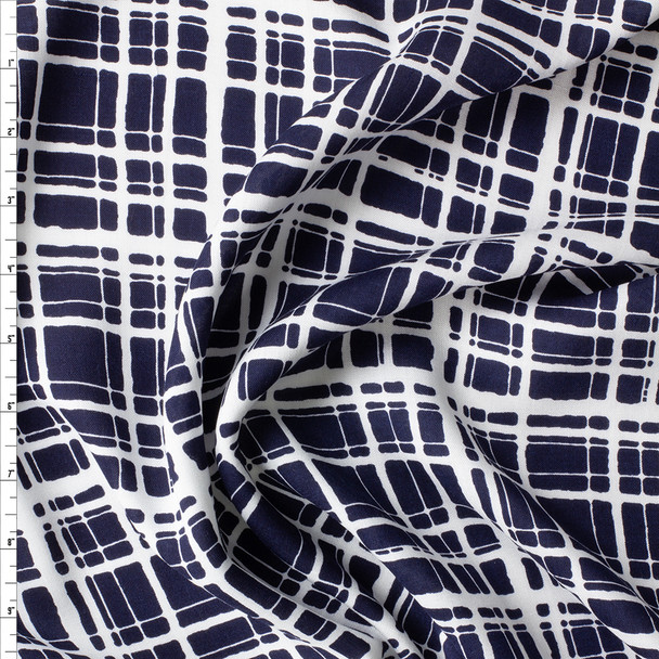 White on Navy Grunge Grid Rayon Challis #29654 Fabric By The Yard