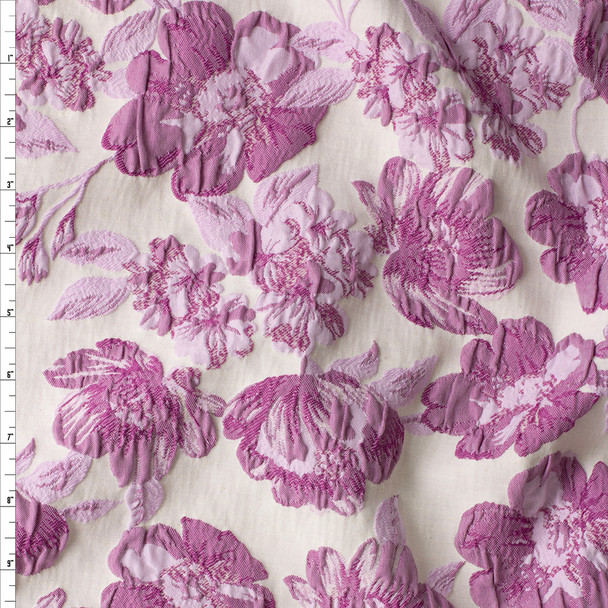 Purple and Lilac Floral on White Designer Stretch Brocade #30402 Fabric By The Yard