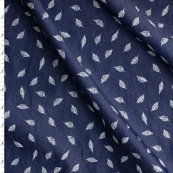 White Leaves on Indigo Chambray Print #30579 Fabric By The Yard