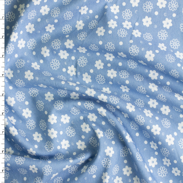 White Fun Floral on Light Blue Chambray Print #30584 Fabric By The Yard