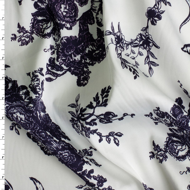 Navy on Offwhite Royal Rose Floral Stretch Silk Satin #30588 Fabric By The Yard