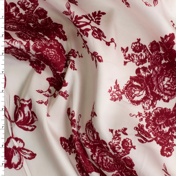 Wine on Offwhite Royal Rose Floral Stretch Silk Satin #30589 Fabric By The Yard