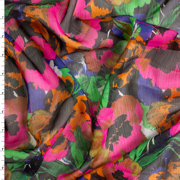 Vibrant Hot Pink, Orange, and Green Brushstroke Garden Crinkle Chiffon #30591 Fabric By The Yard