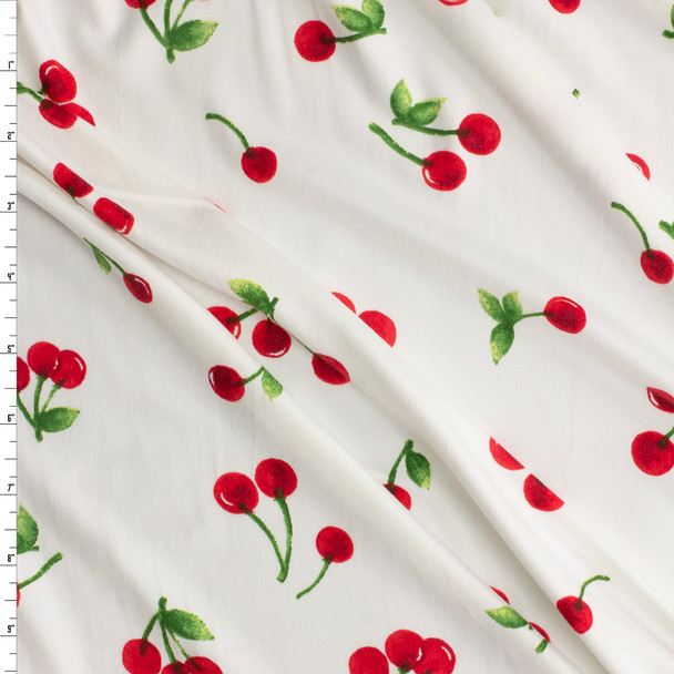 Cherries on Offwhite Double Brushed Poly/Spandex Knit #30608 Fabric By The Yard