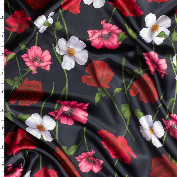 Tossed Flowers on Black Designer Stretch Charmeuse Satin #30638 Fabric By The Yard