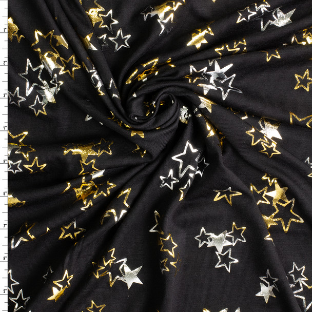 Metallic Silver and Gold Stars on Black Rayon Jersey Knit #30655 Fabric By The Yard