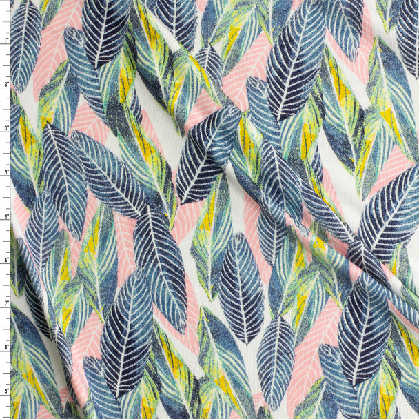 Multi Layered Leaves on White Stretch Modal Jersey Knit from ‘Hanky Panky’ #30664 Fabric By The Yard